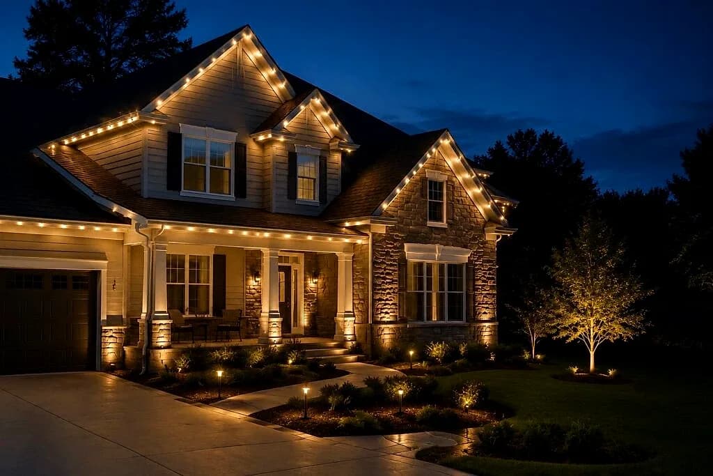 Roofline, trees and garden beds, lit after dark