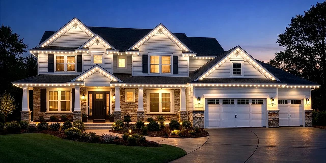 Warm white across three gables, lit after dark
